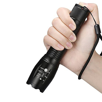 Hand holding a black flashlight with a white background