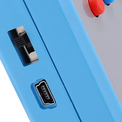 Close-up of a blue electronic device with connectors on a gray background