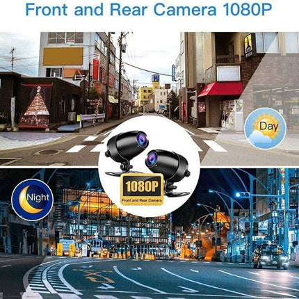 Promotional image of front and rear camera system with street scenes and '1080P' label.