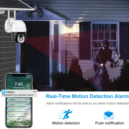 Smart home security camera with real-time motion detection alarm system on a house exterior.
