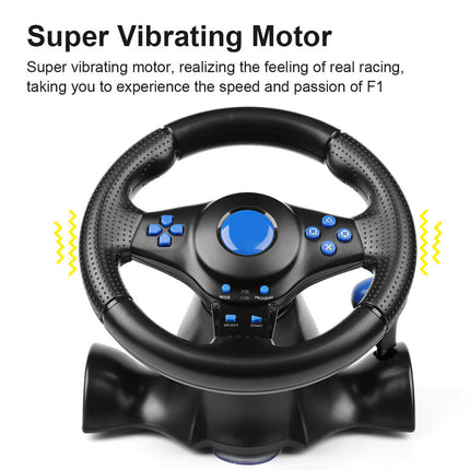 Black steering wheel with blue buttons on a white background, featuring text about a super vibrating motor.