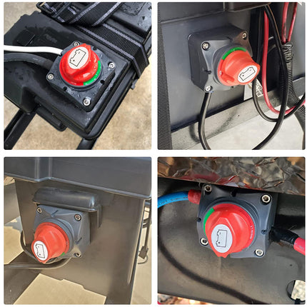 Red and green power outlet on a vehicle with visible wiring.