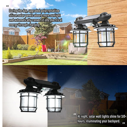 Solar-powered outdoor wall lights with text explaining their functionality, shown in a backyard setting during day and night.