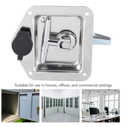 Metallic door lock mechanism with suitability for homes, offices, and commercial settings on a white background.