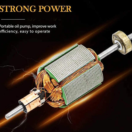 Portable oil pump with text on a dark background