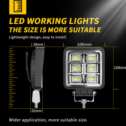 LED working light with dimensions and suitability text on a black background