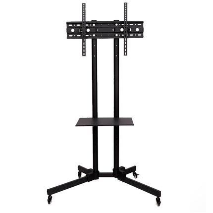 Black TV stand and mounting bracket with a shelf and caster wheels, shown against a plain white background.