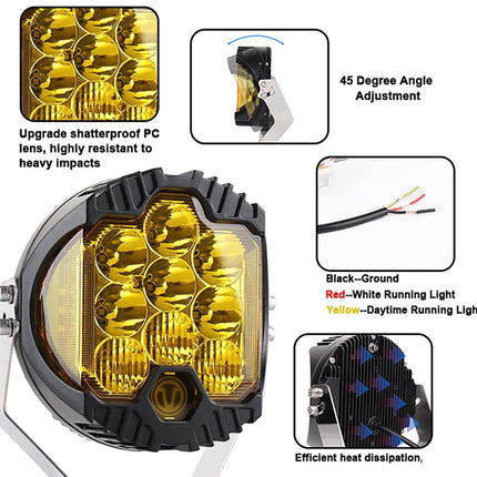 A black and silver off-road LED light with a shatterproof yellow lens, shown with four feature callout boxes detailing its 45-degree angle adjustment, shatterproof PC lens, running light wire configuration, and heat dissipation.