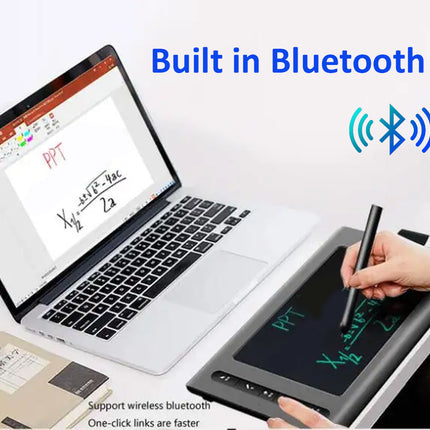 Laptop connected to a digital writing pad with Bluetooth 5.0 branding.