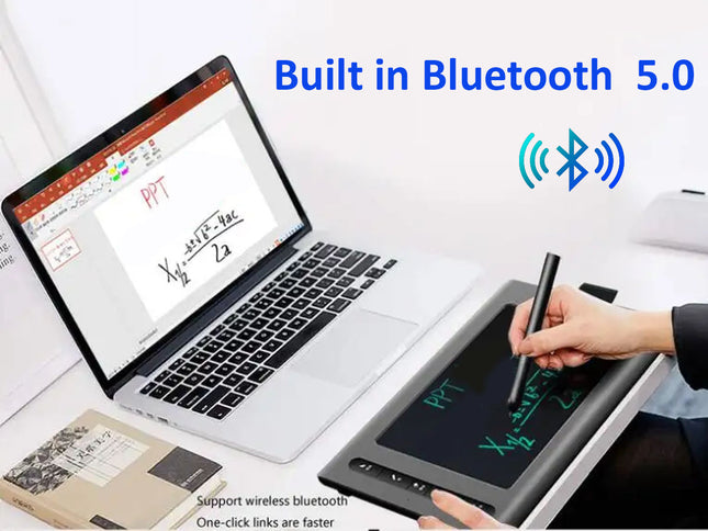 Laptop connected to a digital writing pad with Bluetooth 5.0 branding.
