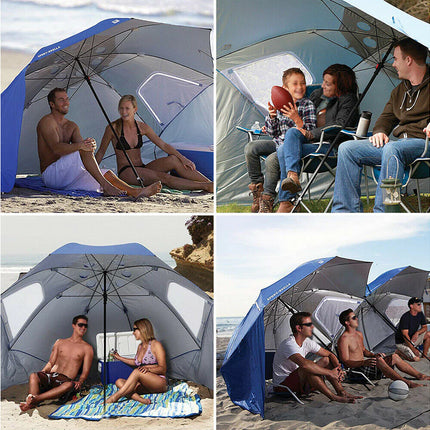 Collage of people using a beach umbrella and tent on a sunny day.