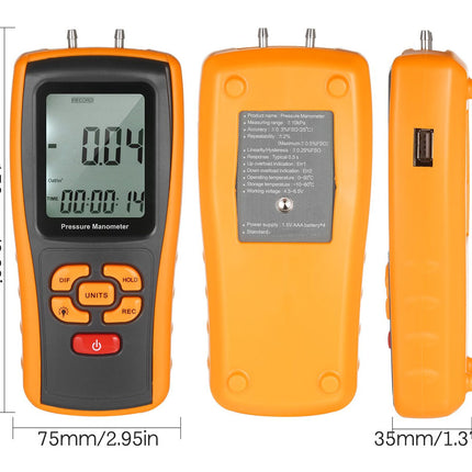 Orange pressure manometer with digital display and measurement details on a white background
