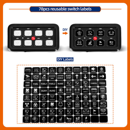 Reusable switch labels with icons on a white background