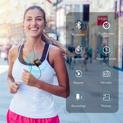 A woman jogging outdoors wearing a small black wireless heart rate monitor under her chest, with earphones. A semi-transparent digital overlay on the right shows app-style icons for Bluetooth, clock screen saver, stopwatch, power off mode, resume, FM radio, recordings, pictures, and a heart symbol.