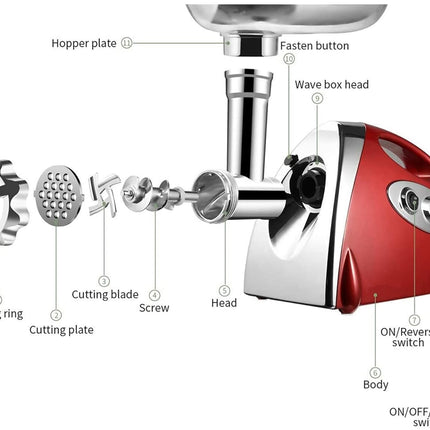 Red and silver meat grinder with labeled parts on a white background