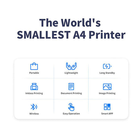 Advertisement for the world's smallest A4 printer with features listed.