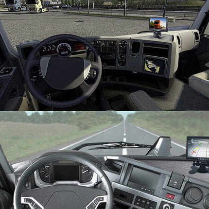 Simulated interior of a vehicle with dashboard and steering wheel, showing a road ahead.