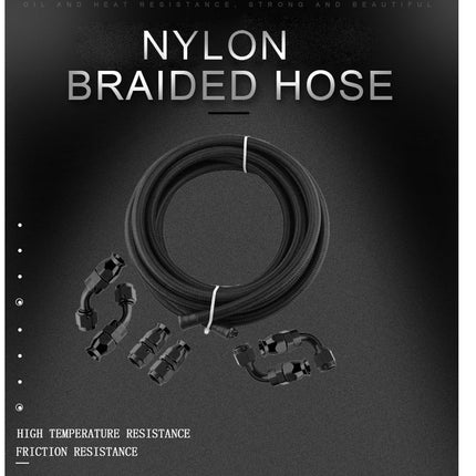 Nylon braided hose with text on a black background