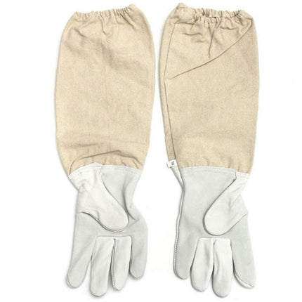 Pair of beige beekeeping gloves with white cuffs on a white background