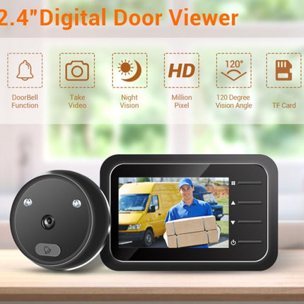A 2.4-inch digital door viewer security camera shown with its black round peephole lens and matching black display screen on a wooden surface.