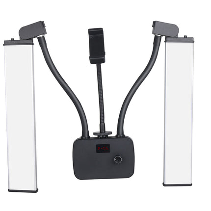 A dual-arm mobile phone selfie light with two vertical white LED panels, flexible black arms, and a central mounting clip, shown on a solid white background.
