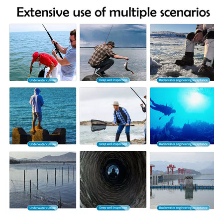 Collage of various underwater and marine activities with text indicating different scenarios.