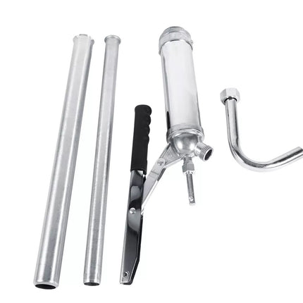 Set of metal tools including a wrench, pliers, and two pipes on a white background