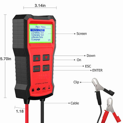 Red and black diagnostic tool with labeled measurements and components on a white background
