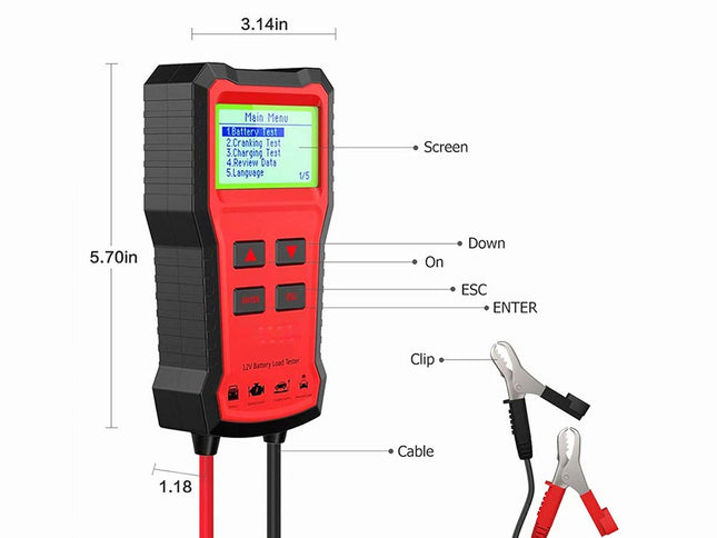 Red and black diagnostic tool with labeled measurements and components on a white background
