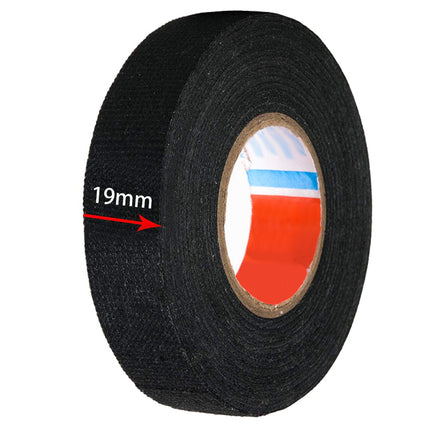 Roll of black tape with a label indicating 19mm width on a white background