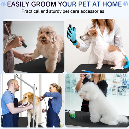 Pet grooming products and services with people grooming dogs at home.