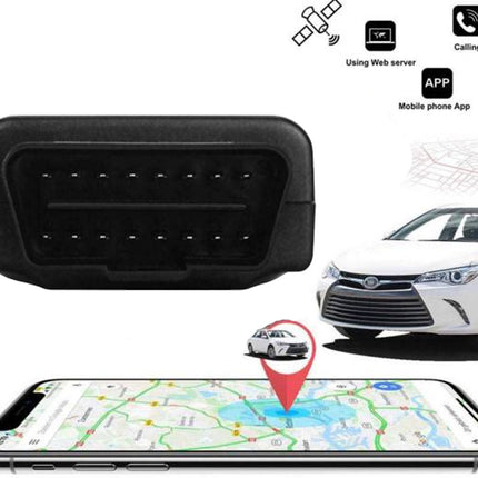 A black GPS tracker adapter plug shown on a white background, with feature icons for web server, calling, mobile phone app, and sending SMS, plus a white car and a smartphone displaying a GPS map.