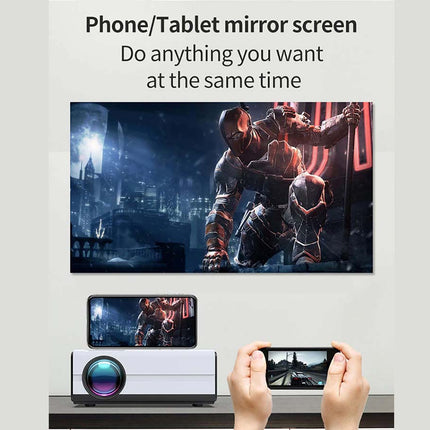 Projector displaying a movie scene with smartphone and tablet mirroring on a gray background