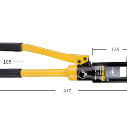 A yellow and black hydraulic hand tool shown on a white background with dimension lines and measurements labeled 105, 135, and 470.