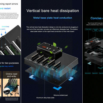 Technical diagram of a device with text on vertical bare heat dissipation and metal base plate heat conduction.