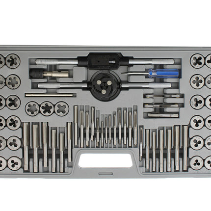 A thread tapping and threading tool set in a gray plastic case, featuring various metal dies, taps, a hand screwdriver with a blue handle, and a black mandrel, arranged neatly on a white background.