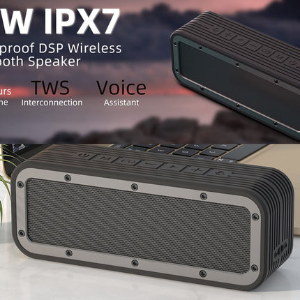 Waterproof DSP wireless Bluetooth speaker with features listed on a scenic background