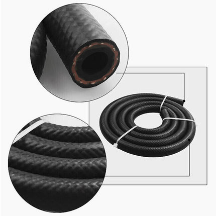 Black flexible hose with close-up views on a white background