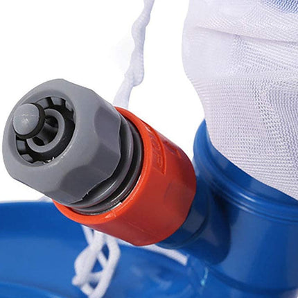 Close-up of a blue and red water pump with a gray valve on a white background