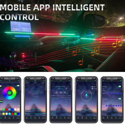 A promotional graphic for a mobile app control system, with the headline 'MOBILE APP INTELLIGENT CONTROL' above a dark car interior scene showing colorful light bars and music note graphics, plus five smartphone app screens shown along the bottom.