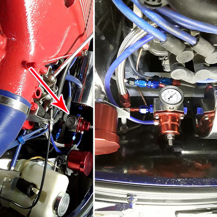 Close-up of a mechanical system with red and blue components, including a pressure gauge.
