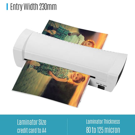 A white entry width 230mm photo laminator shown with sample printed photos emerging from it, on a white background with blue informational text banners at the top and bottom.