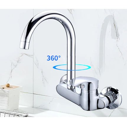 Chrome kitchen faucet with digital display on a white tiled wall background