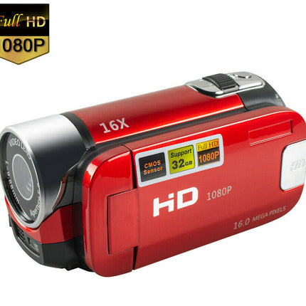 A red and black 1080p HD video camera shown at an angle on a white background, featuring a gold 'Full HD 1080p' badge in the top-left corner.