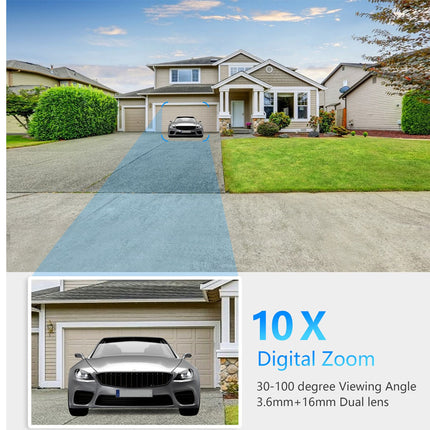 A promotional comparison graphic showing a suburban house and driveway in a before-and-after style. The top half shows a normal wide view of the house and driveway, while the bottom half shows a much closer zoomed-in view of the garage door and car with text reading '10 X Digital Zoom' and '30-100 degree Viewing Angle 3.