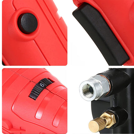 Close-up details of a red and black tool with a focus on its components.