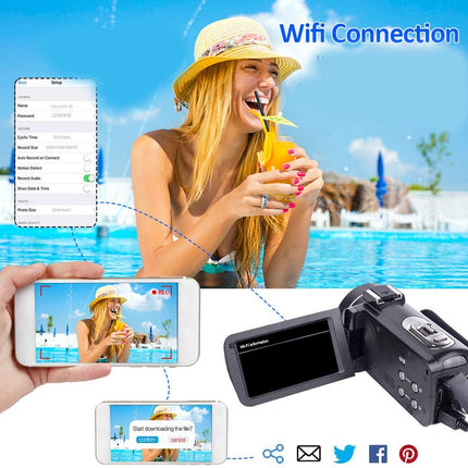 Woman by a pool with smartphone and camera, emphasizing wifi connection.