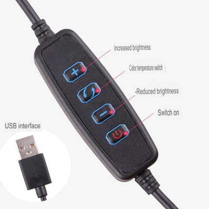 Control panel with buttons for adjusting brightness and color temperature, featuring a USB interface on a white background.