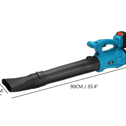 Blue and black leaf blower with measurements on a white background