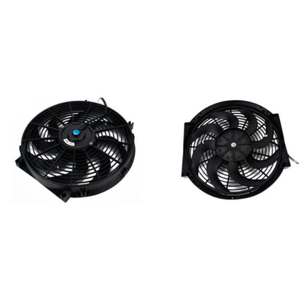 Two black automotive fans on a white background